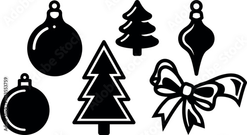 Flat design black and white christmas ornament set close up row of baubles and pine trees with ribbon bow silhouette
