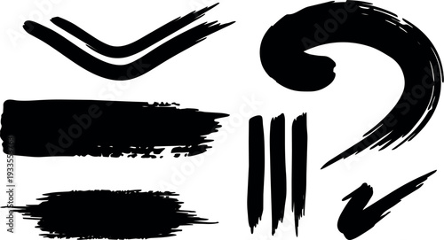 Ink brush stroke vector set with grunge swashes textured banners calligraphy marks isolated on white background for branding logos posters