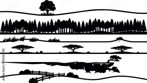 Flat design horizontal landscape border set with forest treeline savanna acacia rocky cliff fence and grassy rolling hills minimal