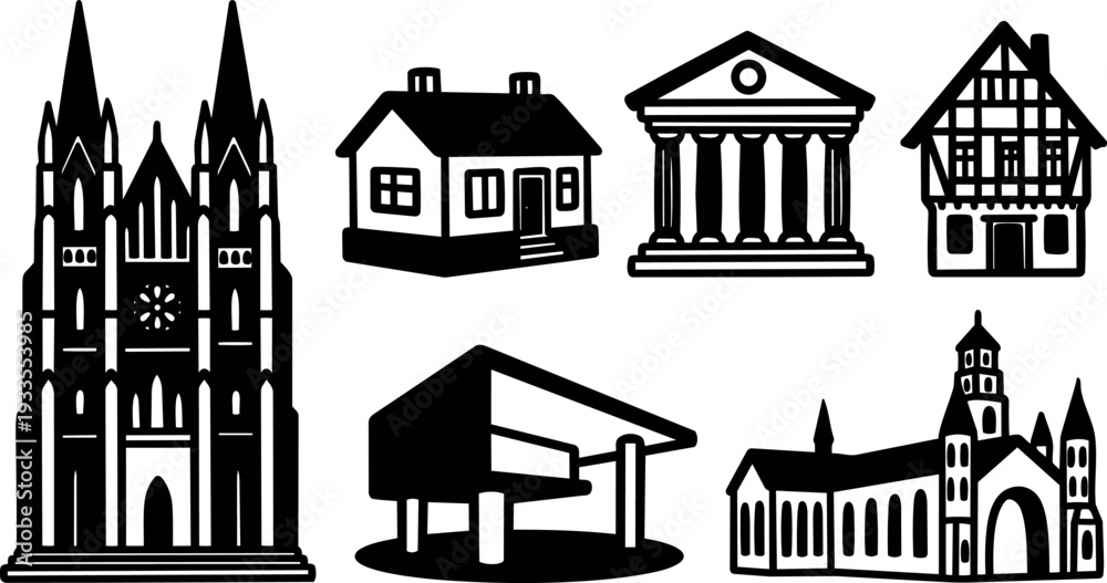 Fototapeta premium Flat design silhouette collection of architectural building icons showing cathedral house bank gas station and church in black vector set