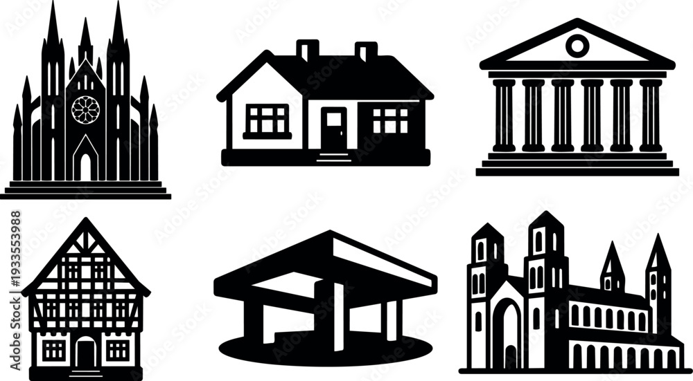 Fototapeta premium Flat design vector silhouettes of six building icons front view cathedral house bank timber house gas station abbey black simple