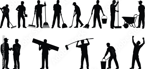 Construction and cleaning worker silhouettes set, professional labor team with broom shovel bucket wheelbarrow vector illustration isolated on white background concept