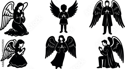 Flat design silhouette set of six praying angels in various poses with wings robes and folded hands in black vector