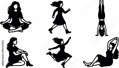 Silhouette vector series of six female poses yoga sitting jumping walking handstand and stretching minimal flat design black figures isolated