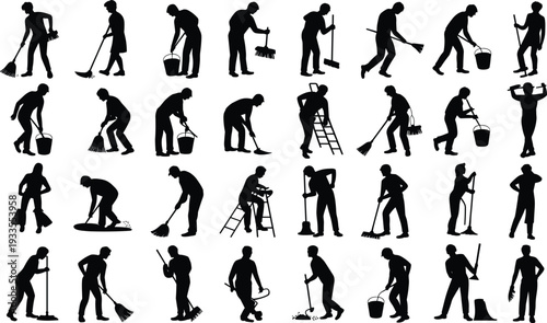 Cleaning worker silhouettes collection in various poses, janitor housekeeping staff with broom mop bucket ladder vector illustration isolated on white background
