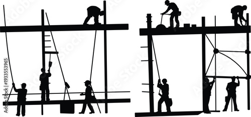 Construction worker silhouettes building framework on scaffolding, industrial labor team working at height vector illustration isolated on white background, structural engineering concept