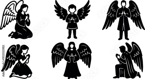 Silhouette vector set of six praying angel icons in black flat design with varied poses wings and folded hands frontal