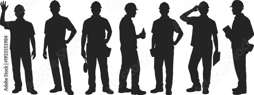 Construction worker silhouettes collection in various poses, professional builder team vector illustration isolated on white background, industrial labor workforce concept