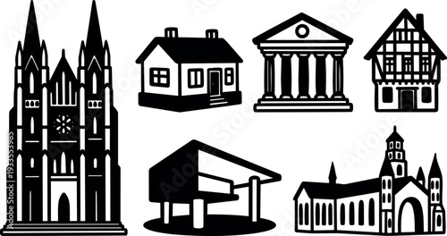 Flat design silhouette collection of architectural building icons showing cathedral house bank gas station and church in black vector set