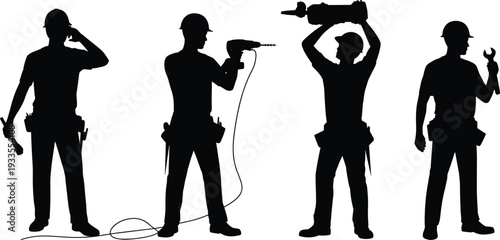 Construction worker silhouettes with tools, industrial labor team vector illustration isolated on white background, builder drill jackhammer wrench repair service concept