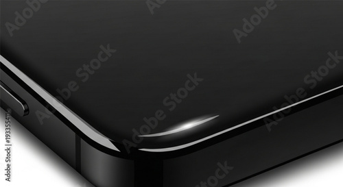 Close up of sleek black smartphone corner with shiny surface and button on side