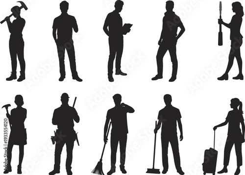 Diverse professional worker silhouettes set, construction cleaning business travel service people vector illustration isolated on white background occupation collection concept