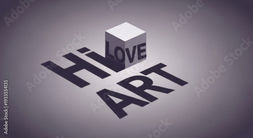 3d hi love art typography on gradient background with cube