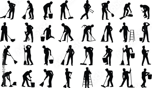 Janitor and cleaning worker silhouettes set, professional housekeeping staff with broom mop bucket ladder vector illustration isolated on white background