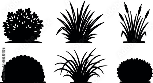 Silhouette vector flat design row of six garden shrubs and grasses in close up horizontal composition minimal contrast clean editable