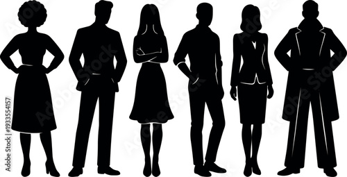 Minimalist vector silhouette group of six standing figures side view with varied poses crossed arms and hands on hips