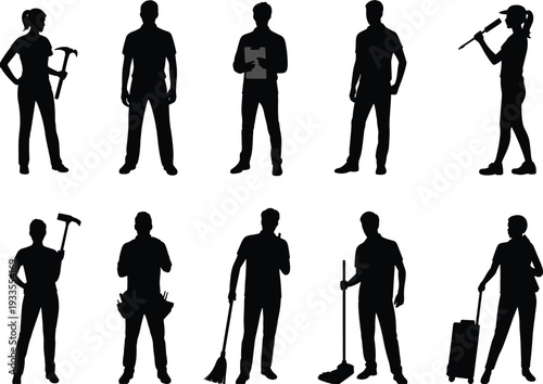 Professional worker silhouettes collection, diverse occupation people vector illustration isolated on white background, construction cleaning business travel service team concept
