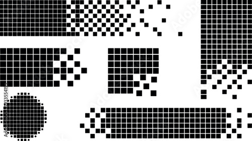 Pixel art fragmented grid banners rounded pixel block elements in black vector set with broken dispersion minimal flat geometric style