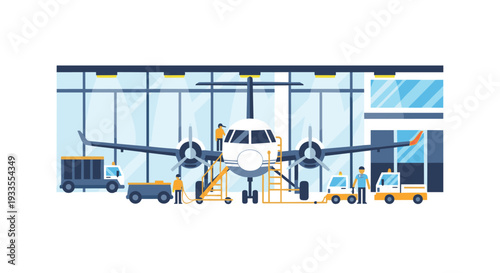 A large passenger airplane is actively undergoing comprehensive maintenance inside a spacious modern airport hangar, surrounded by busy ground crew and support vehicles.