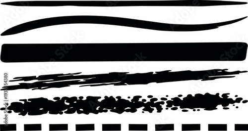 Ink brush stroke vector set horizontal grunge ink lines and splatter brushes isolated on white background thick thin high resolution