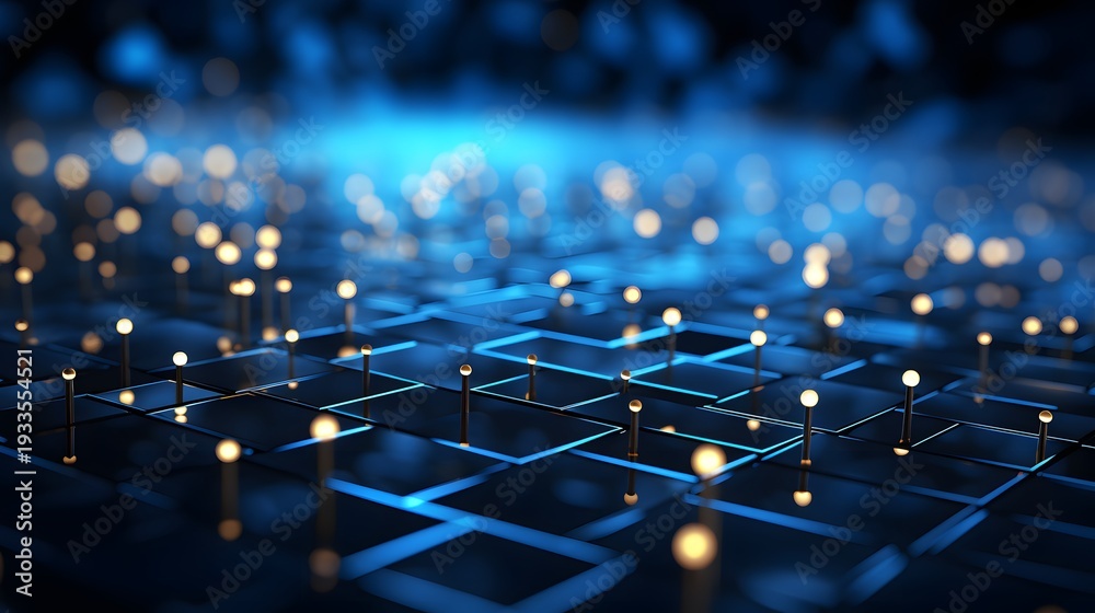 Fototapeta premium A futuristic digital grid with glowing blue lines and golden dots representing advanced technology and innovation