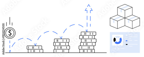 Financial growth visualization. Financial stacks, progress arrows, and analytics investment success and strategic financial planning. For finance, business, strategy, investments, and analytics