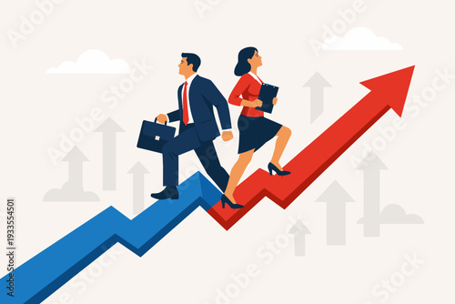Corporate Business Partners Man and Woman Walking Back to Back Upwards on a Rising Arrow Graph Representing Teamwork, Success, Career Growth, and Financial Progress Flat Vector Illustration