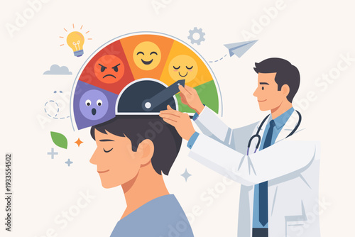 Mental Health Concept with Doctor Adjusting Mood Dial on Patient Head to Improve Mindset, Attitude, and Emotional Intelligence. Vector Illustration for Psychology, Therapy, and Brain Wellness.