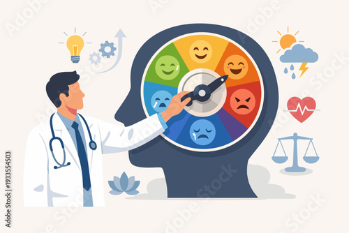 Professional Doctor Adjusting Emotional Mindset Dial in Human Head Silhouette, Mental Health Concept for Psychology, Therapy, Psychiatry, Emotional Regulation, and Cognitive Behavioral Therapy