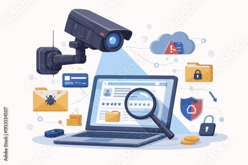 Digital surveillance and cyber security concept with a CCTV camera prying on a laptop displaying private information, passwords, and locked folders. Data theft, privacy, and online safety vector.