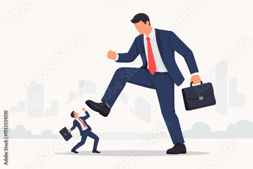 Giant businessman in a suit stepping on a tiny businessman, representing corporate dominance over small business, market competition, monopoly power, and industry rivalry vector illustration.