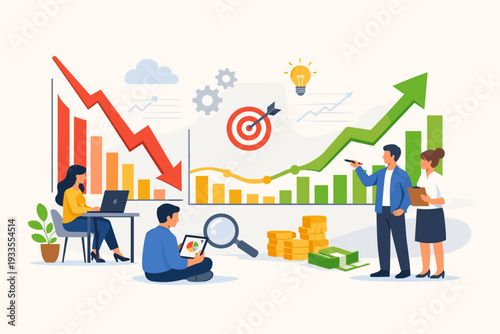 Business Analytics Illustration Showing Financial Recovery from Crisis to Growth with Professional Team Analyzing Data Charts, Market Trends, Investment Success, and Strategic Development Plan.