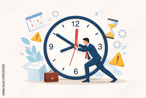 Businessman pushing clock hands to stop time, deadline and time management concept with calendar, hourglass, and heavy workload, flat vector illustration for business stress and productivity