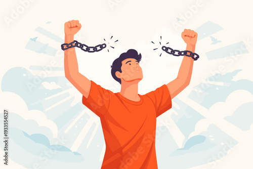 Man Breaking Free from Chains Vector Illustration, Concept of Freedom, Liberation, Hope, and Justice, Strong Male Character Overcoming Obstacles and Gaining Independence in Bright Sky Background
