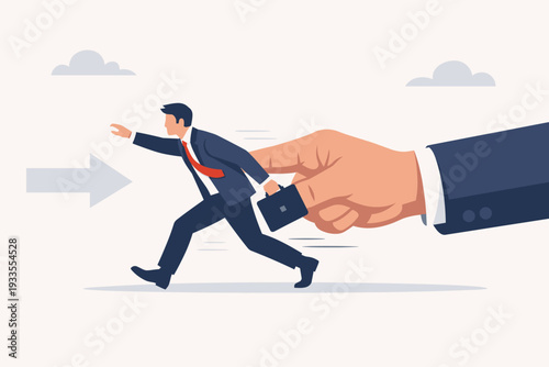 Mentoring and Leadership Concept with a Giant Hand Pushing a Businessman Forward to Achieve Success. Illustration of Career Growth, Support, Guidance, Motivation, and Professional Development.