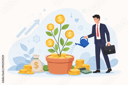 Businessman watering a money tree plant with gold dollar coins in a pot, symbolizing financial growth, investment success, wealth creation, profit, savings, and business prosperity concept.