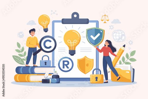 Intellectual Property Rights and Copyright Protection Concept with Tiny Authors Protecting Creative Ideas, Trademark Symbols, Legal Security, Patent Law, and Creative Asset Safeguarding Vector