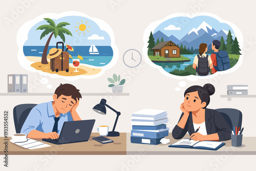 Overworked business people at office desks dreaming of summer vacation and mountain hiking trips. Tired man and woman employees daydreaming about travel, beach, and nature while working at desks.