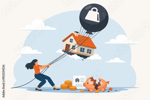 Woman struggling to pull down a house floating away with a heavy balloon, representing mortgage debt, financial burden, and foreclosure risk with a broken piggy bank and coins on the ground.