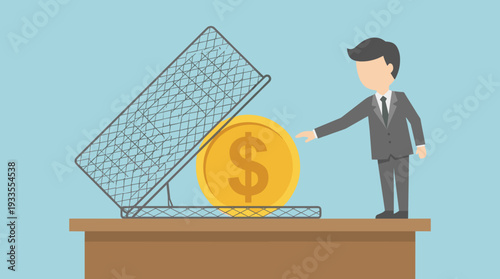 Businessman Reaching for a Gold Dollar Coin Inside a Wire Cage Trap, Concept of Financial Risk, Greed, and Investment Danger, Vector Illustration of a Professional Man Facing a Money Trap Bait.