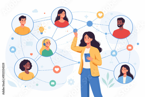 Professional Networking and Social Media Concept with a Woman Connecting Diverse People in a Global Community for Teamwork, Collaboration, Communication, and Business Growth Vector Illustration.