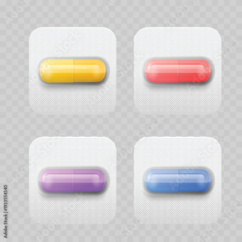 Realistic Medical Capsule Blister Pack Set. Vector