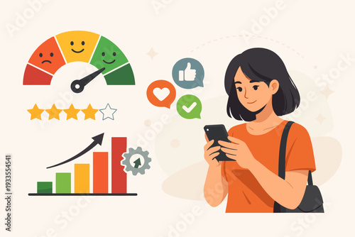 Woman using smartphone for customer feedback and performance rating. Satisfaction measurement with meter, star rating, growth bar chart, and social media icons for quality control and user experience.