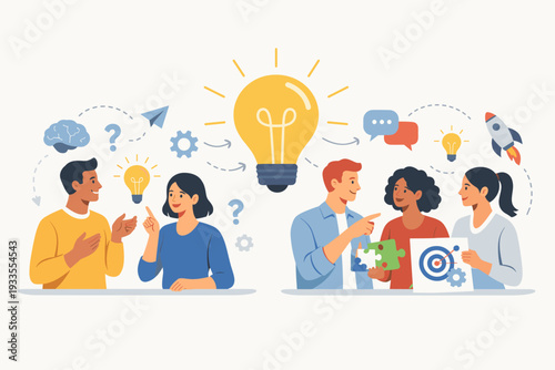 Diverse Business Team Collaborating and Brainstorming for New Creative Ideas and Innovation with Lightbulb, Puzzle Pieces, and Strategy Icons for Teamwork, Knowledge Sharing, and Problem Solving