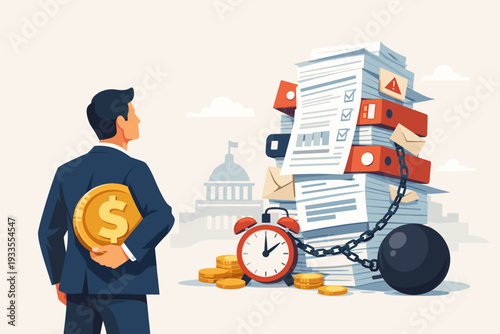Businessman Holding Dollar Coin Facing a Massive Stack of Bureaucratic Paperwork Chained to a Heavy Ball, Representing Tax Burden, Financial Debt, Government Regulation, and Deadline Pressure.