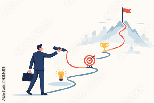 Businessman Drawing a Path to Success and Achievement Concept. Professional Man Planning a Career Journey Towards a Mountain Peak with a Flag, Trophy, Target, and Lightbulb Icons. Vector Art