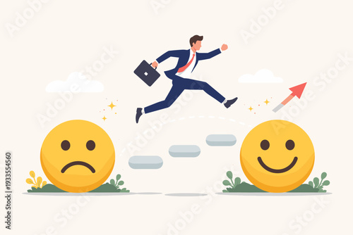 Businessman jumping from a sad face to a happy face emoji, representing personal growth, career success, positive mindset, emotional intelligence, and transformation in a flat vector style.