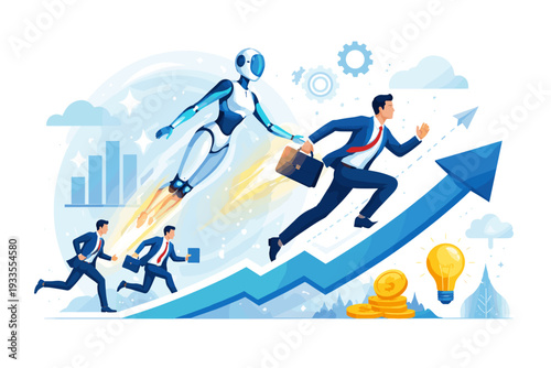 Successful Business Strategy with AI Solution Providing Competitive Advantage Against Competitors, Futuristic Robot Assistant Helping Businessman Achieve Rapid Growth and Financial Success on Arrow.