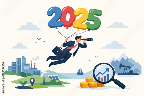 Businessman flying with 2025 balloons looking through telescope for global investment opportunities, future economic outlook, financial growth strategy, sustainable energy and market vision.