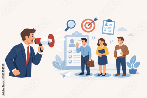 Business recruitment concept with employer shouting in megaphone to find new employees for job vacancy. Human resources management, hiring process, and career growth vector illustration design.
